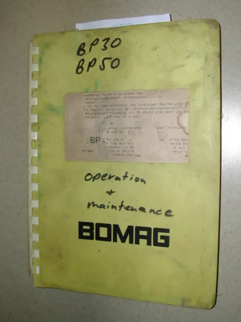 Bomag BP30 BP50 OPERATION MAINTENANCE MANUAL PLATE COMPACTOR VIBRATORY BOOK