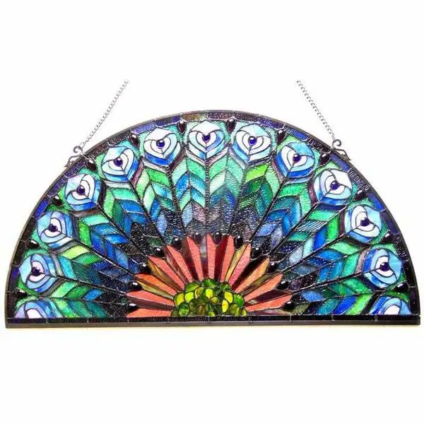 Stained Glass Peacock Design Tiffany Style Window Panel Suncatcher 35inW x 18inH 2