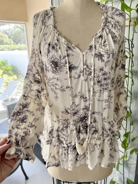 Y2K 00s American Eagle Cream Boho Floral Cottagecore Baby Doll Blouse Size M