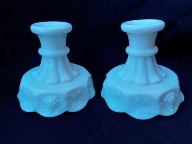 Pair of Westmoreland White Milk Glass Grapes Candlestick Holders