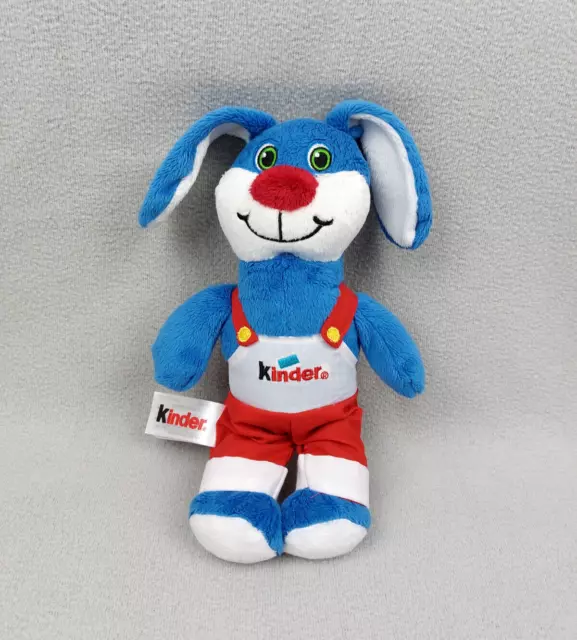 Peluche doudou lapin bleu Kinder salopette rouge blanc 35 cm