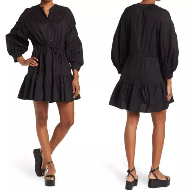 ASTR Black Ruched Long Sleeve Dress Flared Billowy Skirt Tie Waist Size Medium M