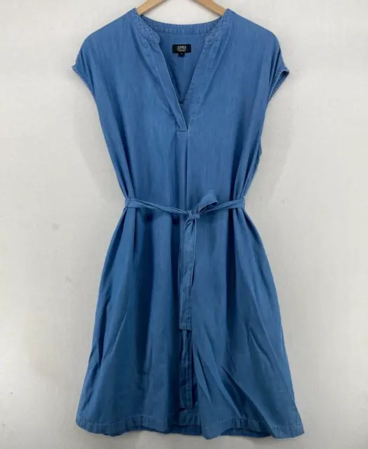 JONES NEW YORK Dress 16 Cotton Chambray Shift Split Neck Sleeveless Belted Blue