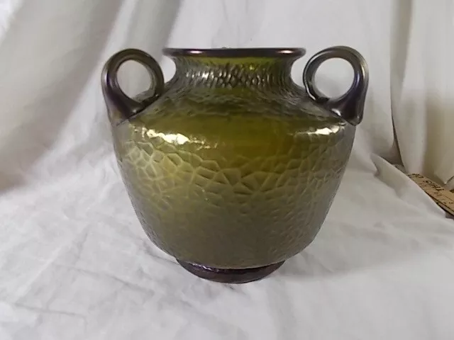 Czech Loetz or Kralik Martele Art Glass Vase, Bronze/Green, Applied Handles