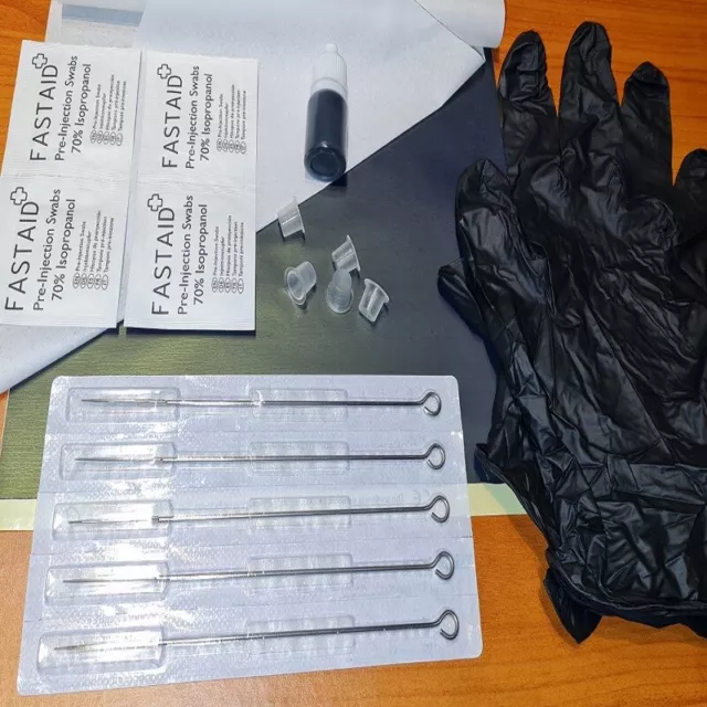 BEGINNER Tattoo Kit Hand Stick & Poke Black Ink Needles Gloves Stencil Paper UK