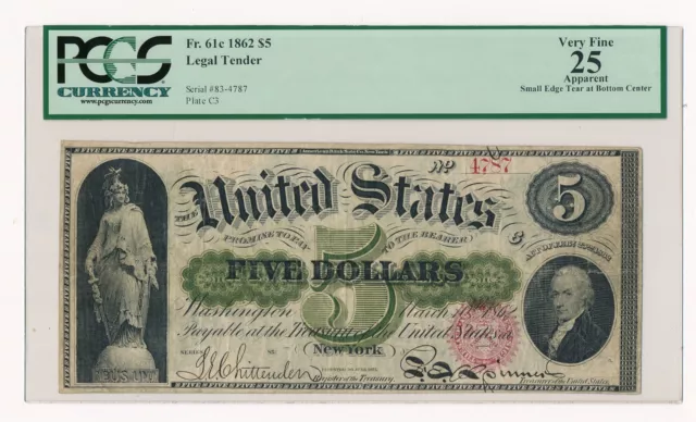 US 1862 $5 5 Dollars FR. 61c PCGS VF 25 Rare Note