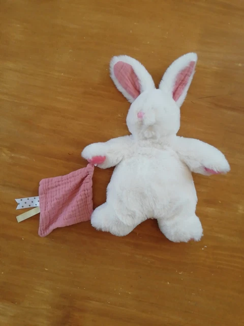 Doudou Peluche Babynat Lapin Blanc Mouchoir Lange Rose Litchi