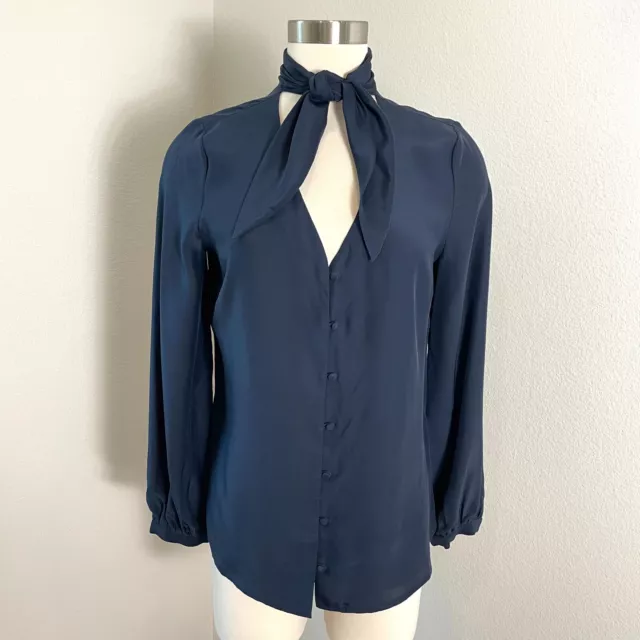 FRAME Womens Small V Neck Button Front 100% Silk Blouse with Scarf Tie Shirt Top