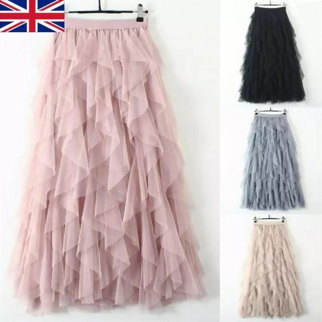 Women high waist mesh TUTU maxi SKIRTS sheer net tulle pleated a line long dress