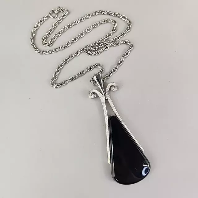 Avon Necklace Vtg Teardrop Black Classy Faux Onyx Brushed Silver Tone Rope 24"