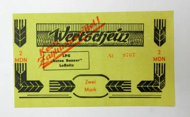 DDR; LPG Wertschein 2 Mk  "Rotes Banner" Loßnitz. Nr. 9767  fast bankfrisch  1/2