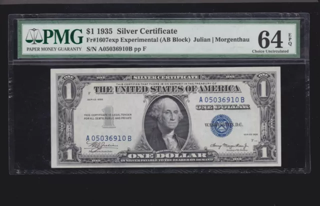 US 1935 $1 Silver Certificate Experimental AB Block FR 1607exp PMG 64 EPQ (910)