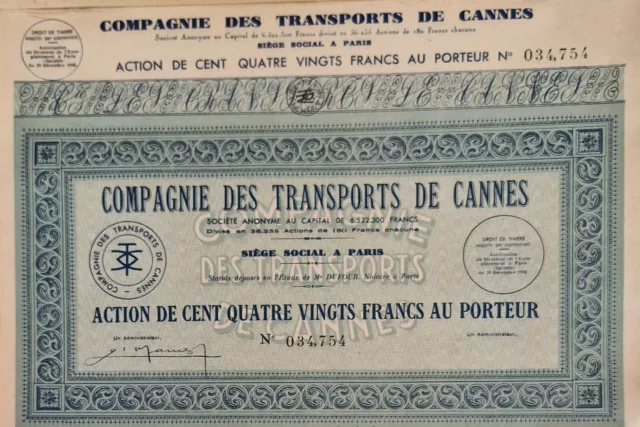 Carnet Action Au Porteur Compagnie Des Transports De Cannes 180 Fr 1946