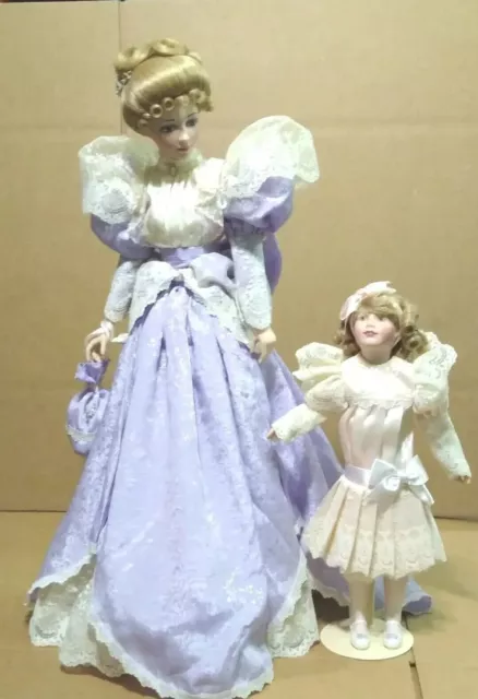 1988  Franklin Heirloom Porcelain "Promenade" Mother & Daughter Dolls