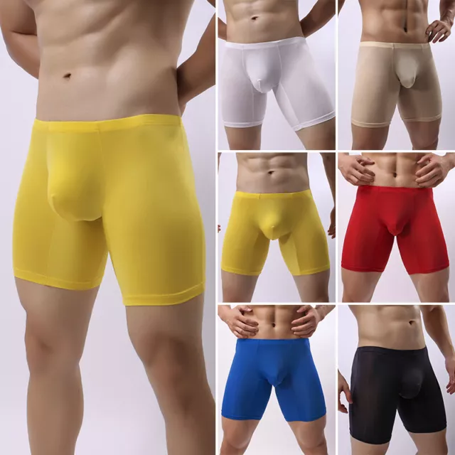 Men's Ice Silk Underwear Boxer Briefs Separate Convex Penis Pouch Sexy  Trunks