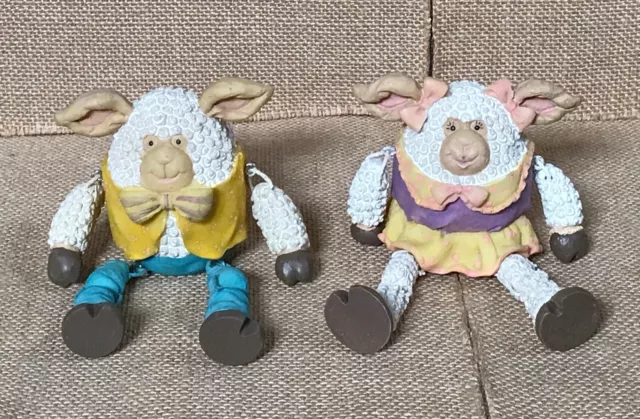 WMG Kitsch Anthropomorphic Sheep Shelf Sitter Set Girl Boy Lambs Easter Spring