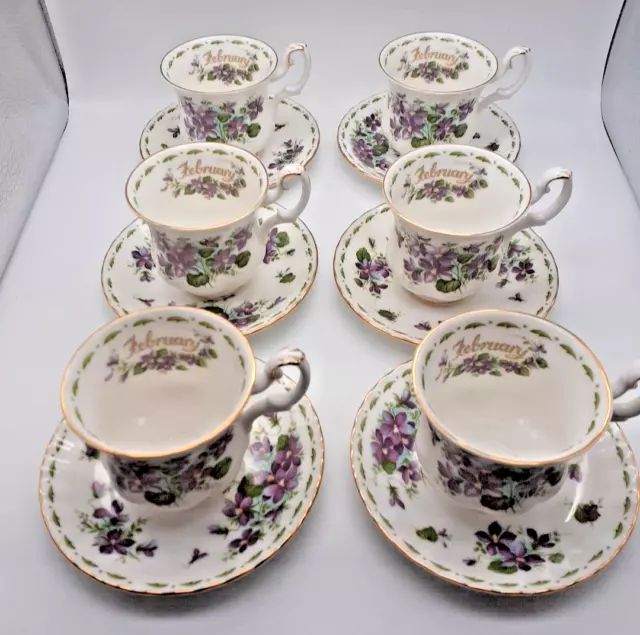 Set Royal Albert flower of the month (February) Bone China Cups / Saucers x 6