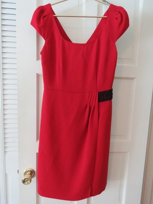 ANTONIO MELANI Elegant Deep Red Cocktail Dress with Black Beading Embellishment