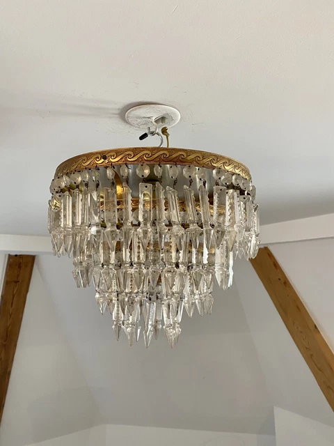 Lustre Murano Vintage à Pampilles - Verre Cristal Couleur Et Bronze - 6 Lampes