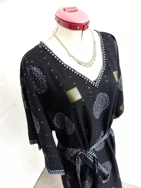 RUBY YAYA Black Sequin DRESS Size S 12 Belt Embroidery Grey Gold Resort Beach