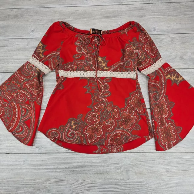 VOOM by Joy Han Blouse Top Womens XS Red Boho Sheek Printed Shirt Flare Sleeve