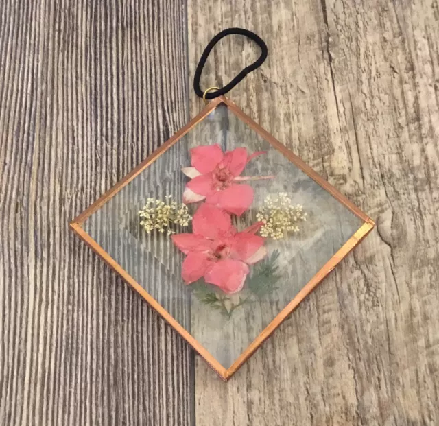 Diamond Shaped Pressed Real Flowers Glass Copper Colored Frame Farmhouse  Window