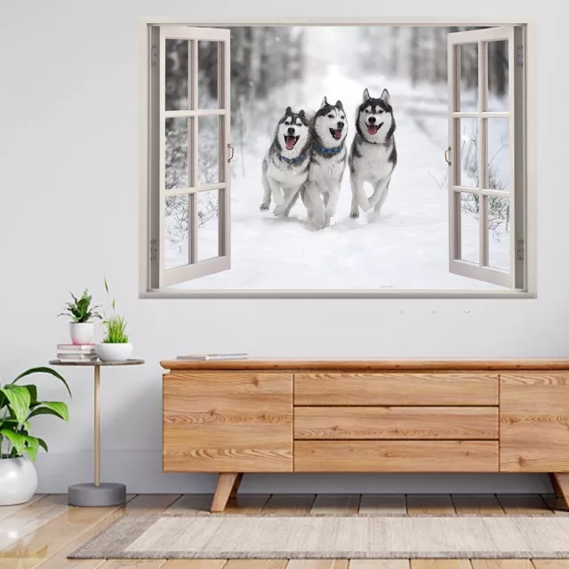 Siberian Husky Dog Running in Snow 3d Window View Wall Sticker Poster Decal A95