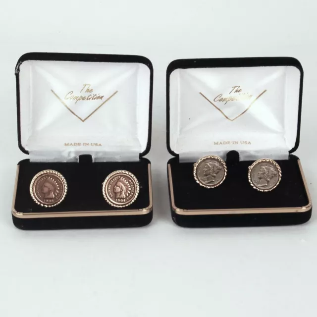 2 Pair Cufflink Sets, Mercury Dimes Winged Liberty Head, Indian Head Pennies USA 2 Pair Cufflink Sets, Mercury Dimes Winged Liberty Head, Indian Head Pennies USA