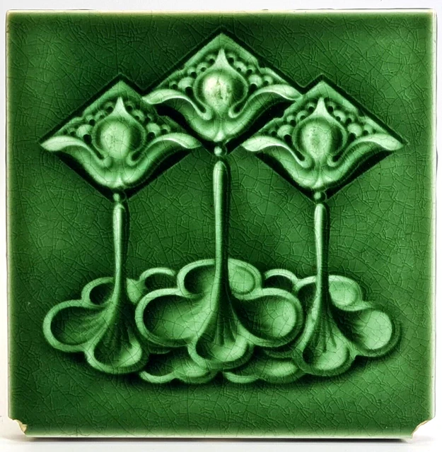 Antique Fireplace Tile Green Tulips by T & R Boote Ltd C1900