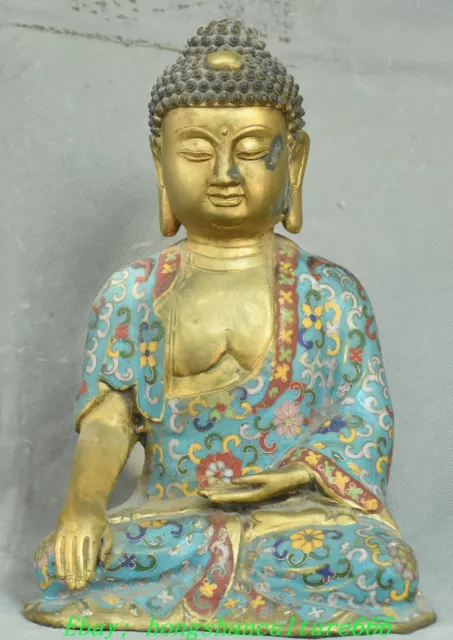11.4'' Old Cloisonne Enamel Bronze Shakyamuni Sakyamuni Amitabha Buddha Statue