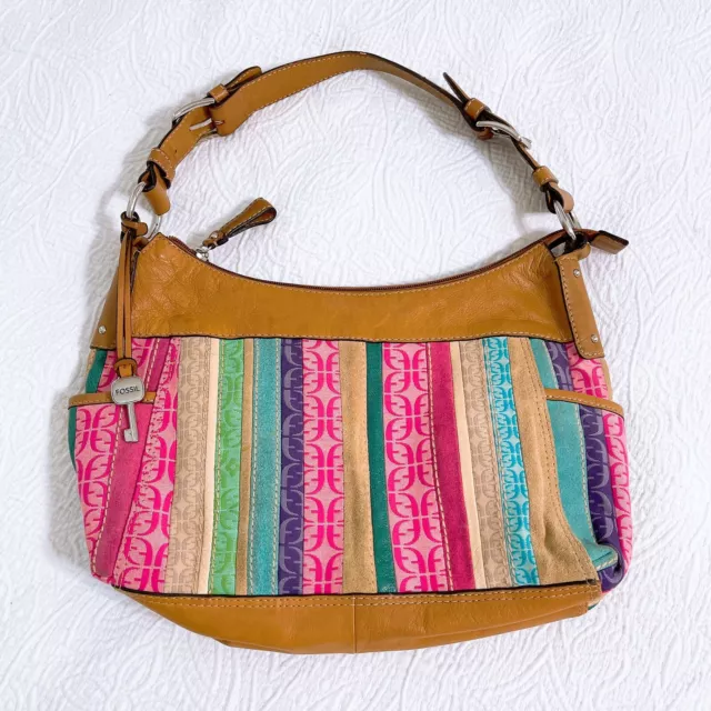 Fossil Shoulder Bag Patchwork Multicolor Logo Leather Handle 13x8.5 Inches