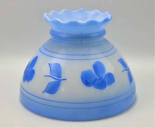 Vtg Hurricane Milk Glass Blue Floral Lamp Shade Hand Painted 8" Fitter 5.75" T