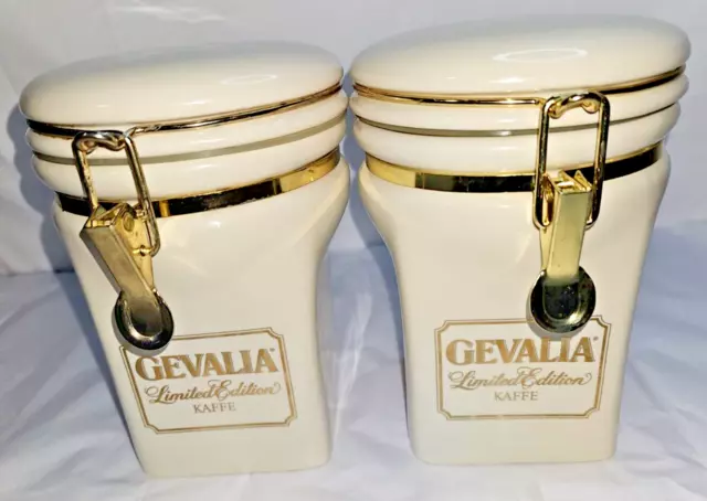 2 Gevalia Kaffee Ceramic Coffee Canister Jar White & Gold  8" Ceramic Decor