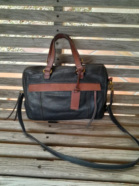 FOSSIL black brown leather Satchel crossbody bag purse shoulder bag tote EUC