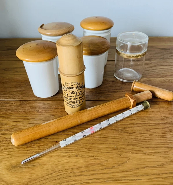 Antikes Apotheke Konvolut um 1900 Holz Porzellan Glas Thermometer