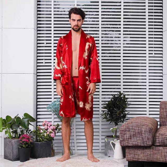 hommes Kimono peignoir satin soie Pyjama vêtements de nuit robe + short