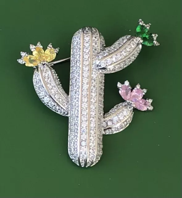Cactus vintage style BroochSilver tone metal w /crystals