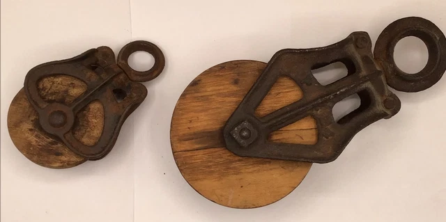 Vtg Pair of Cast Iron Farm Pulley's P 24 & A 19 wood wheels 3" & 4.5" Diameter