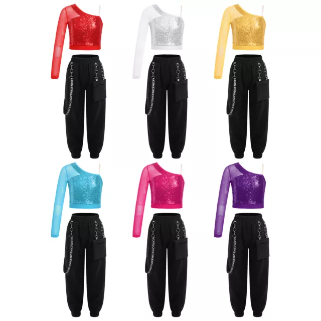 Kids Girls Crop Top Sequins Outfits Workout Dance Sparkly 2 Pieces Set Sheer