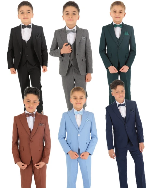 Boys Kids Slim Fit Wedding Suits Herringbone Formal Pageboy Prom Suit 6 Piece