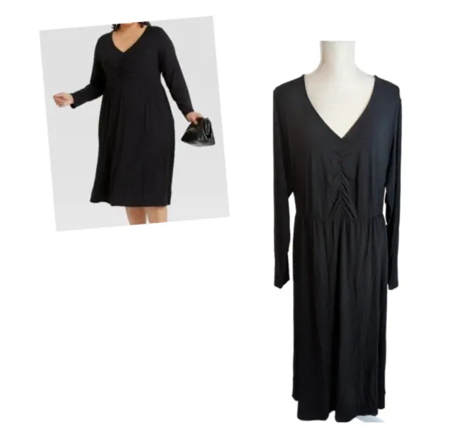 AVA & VIV Aqua Black V-Neck Ruched Empire Waist Jersey Knit Dress 2X (20W/22W)