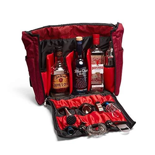 Travel Bar Red & Black, Water Resistant, Bartending Supplies, Pockets for