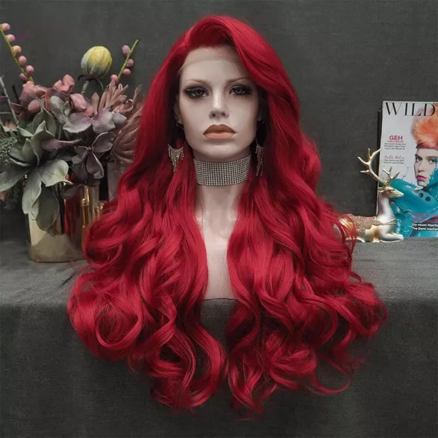 Long Wavy Wine Red Lace Front Wigs Synthetic Cosplay Heat Safe Dress Party Wigs