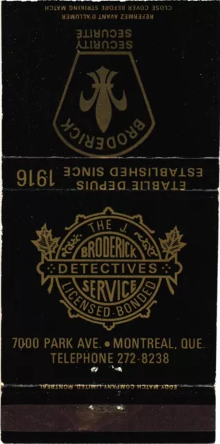 Montreal Quebec Canada The J. Broderick Service Ltd., Vintage Matchbook Cover