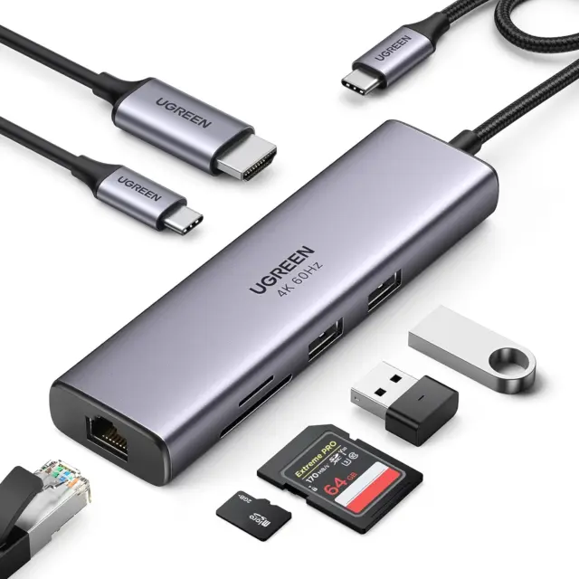 USB C Hub 7 in 1 USB C Adapter 4K 60Hz HDMI, Ethernet, PD 100W, SD & TF, 2 X USB