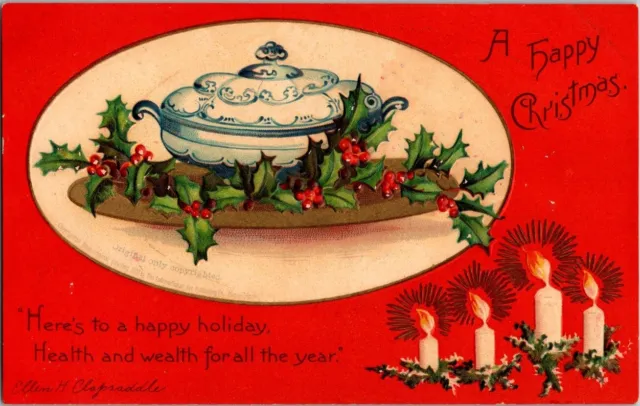 Postcard A Happy Christmas Holly Soup Tureen  #51342 A/S Ellen H. Clapsaddle