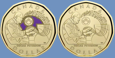 Set 2022 Canada Oscar Peterson Colored + Non-Coloured Coins Mint UNC. Loonie $1