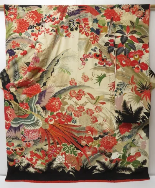 2228T01z1590 Vintage Japanese Kimono Silk FURISODE Bird Off-white