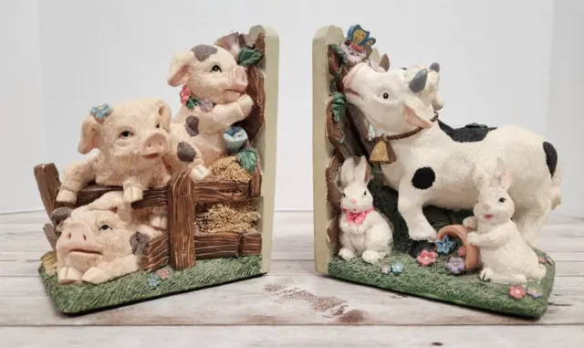 Hand Painted Scenic Bookends Ceramic Farm Animals Cow Pigs Rabbits Fence 5"