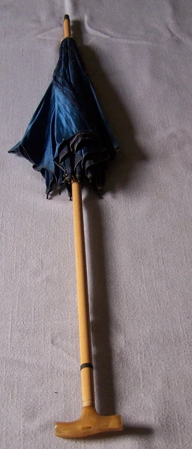 Antique Victorian Parasol metal tipped wooden T-shaped handle w. blue silk